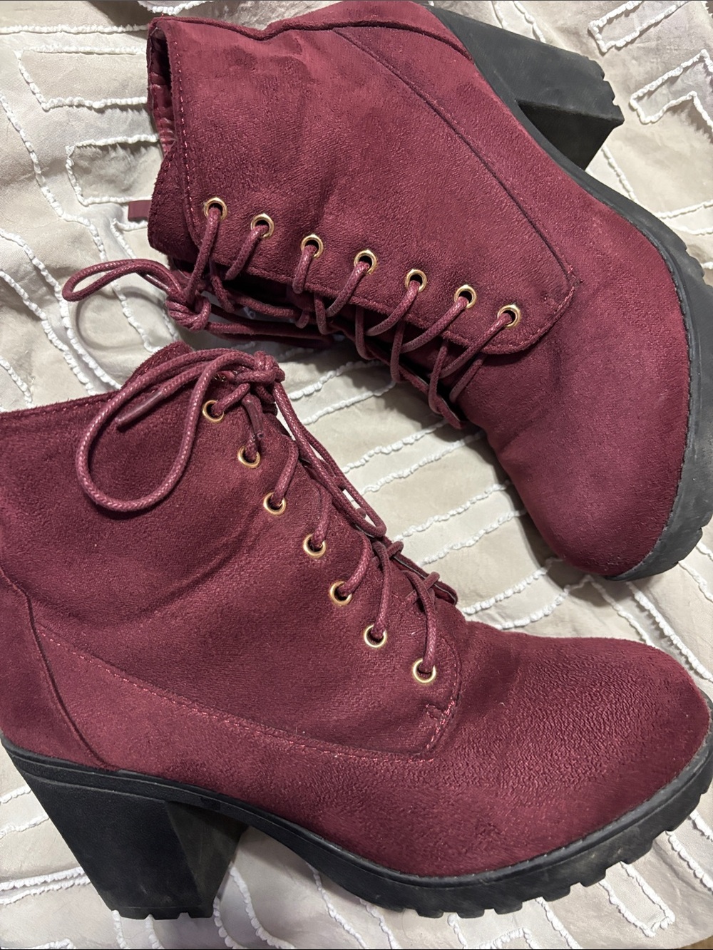 TOP Moda Burgundy Lace-Up Chunky Heel Ankle Boots